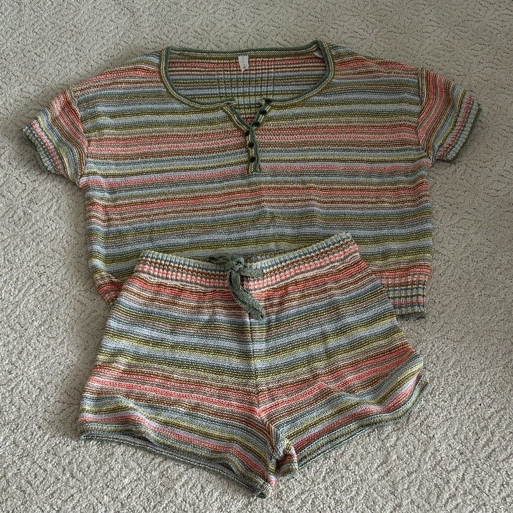 Anthropologie Daily Practice Multicolor Striped Knit Shorts Lounge Matching Set